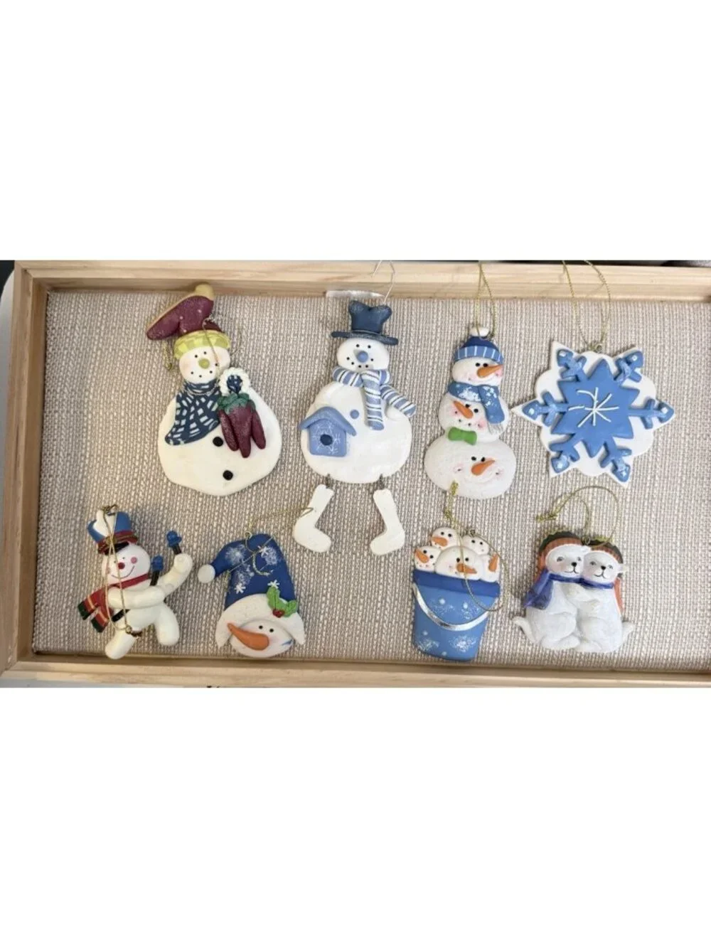 Lot of 8 Snowman Ornaments Resin Plaster Blue & White